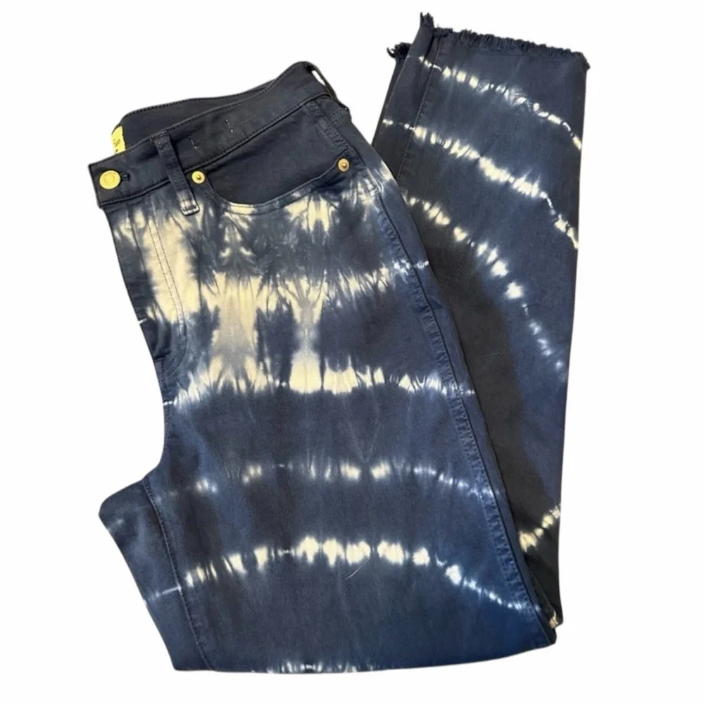 J.Crew Tie Dye Vintage Straight Jeans Indigo Spiral Raw Hem Size 29 NWOT